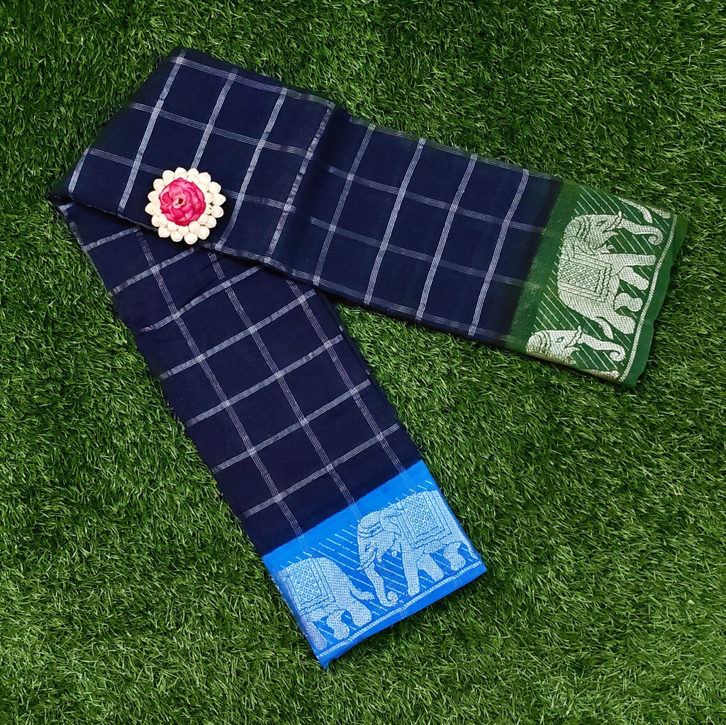 Beautiful Navy Blue Sungudi Cotton Saree with Checked Pattern & Elephant Border