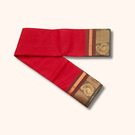 Bright Red Chettinad Cotton Saree with Traditional Peacock Zari Border