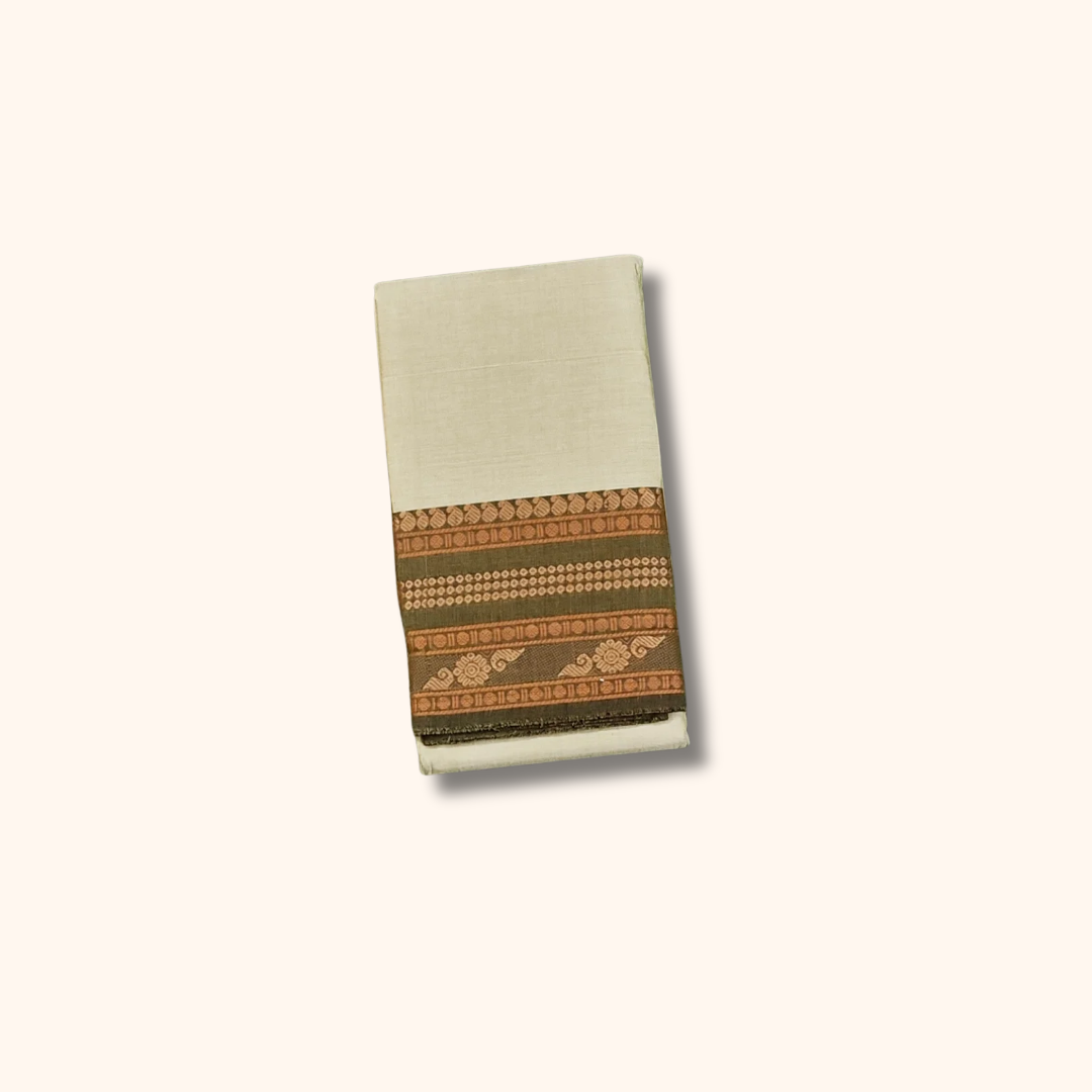 Cream Chettinad Cotton Saree with Olive Green Temple Border
