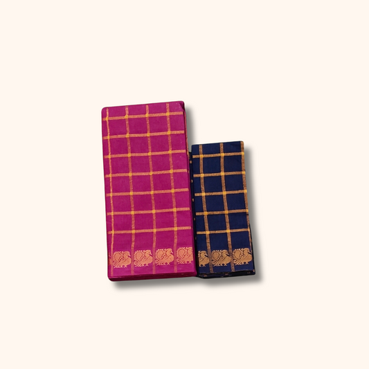 Magenta Pink with Gold Checks & Peacock Zari Border Pavithra Kattam Sungudi Cotton Saree
