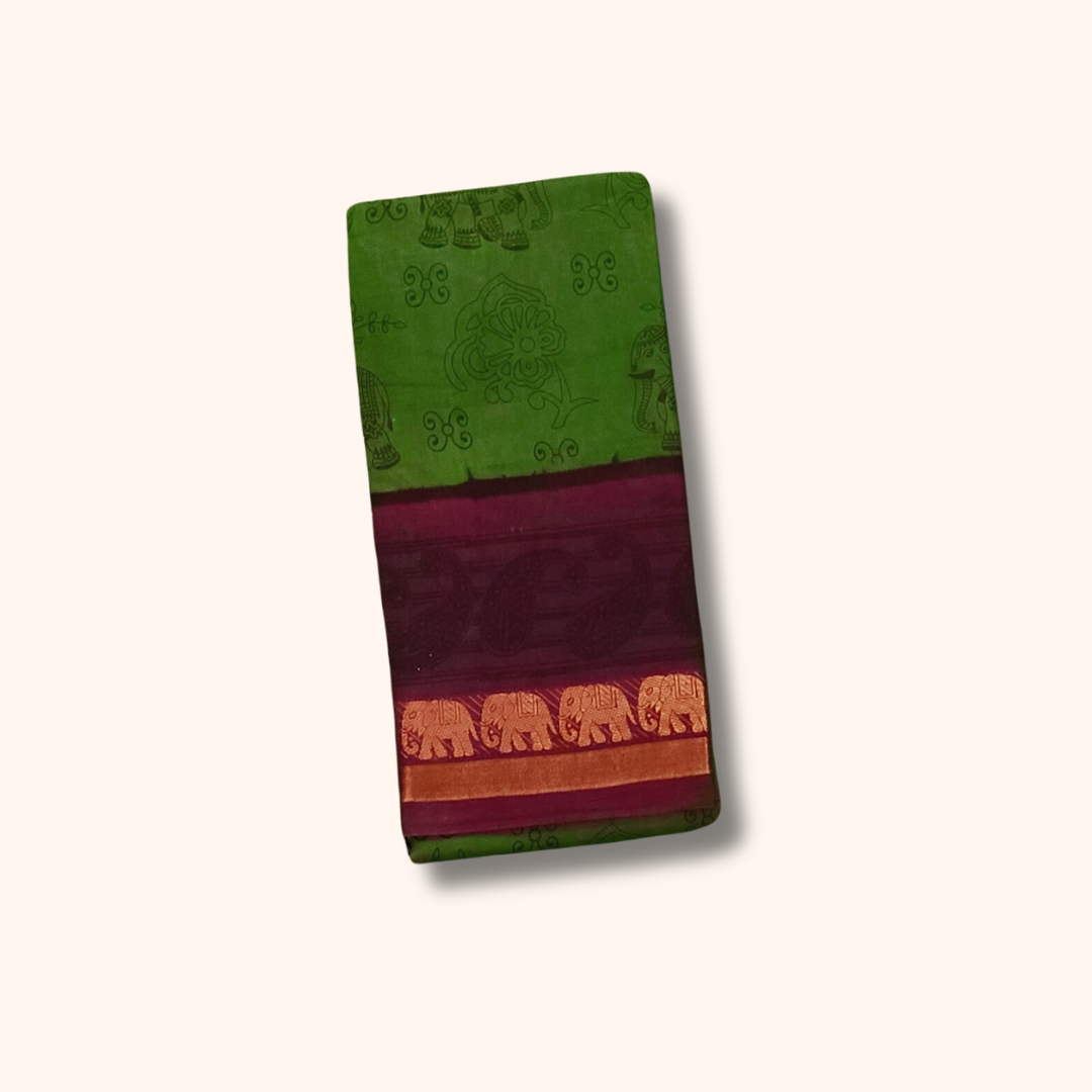 Parrot Green Cotton Saree with Elephant Border