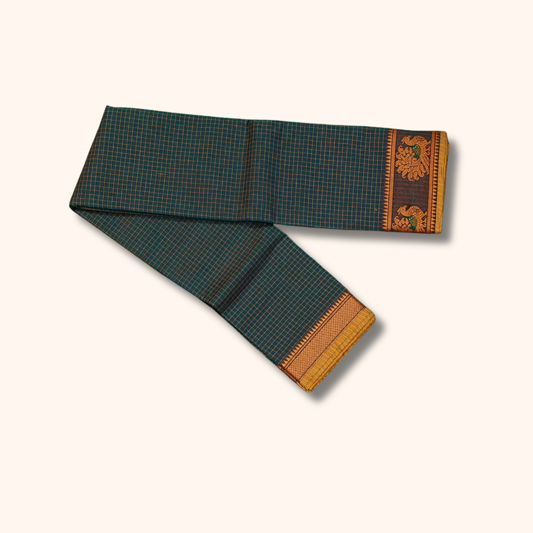 Bottle Green Chettinad Cotton Saree with Traditional Peacock Border
