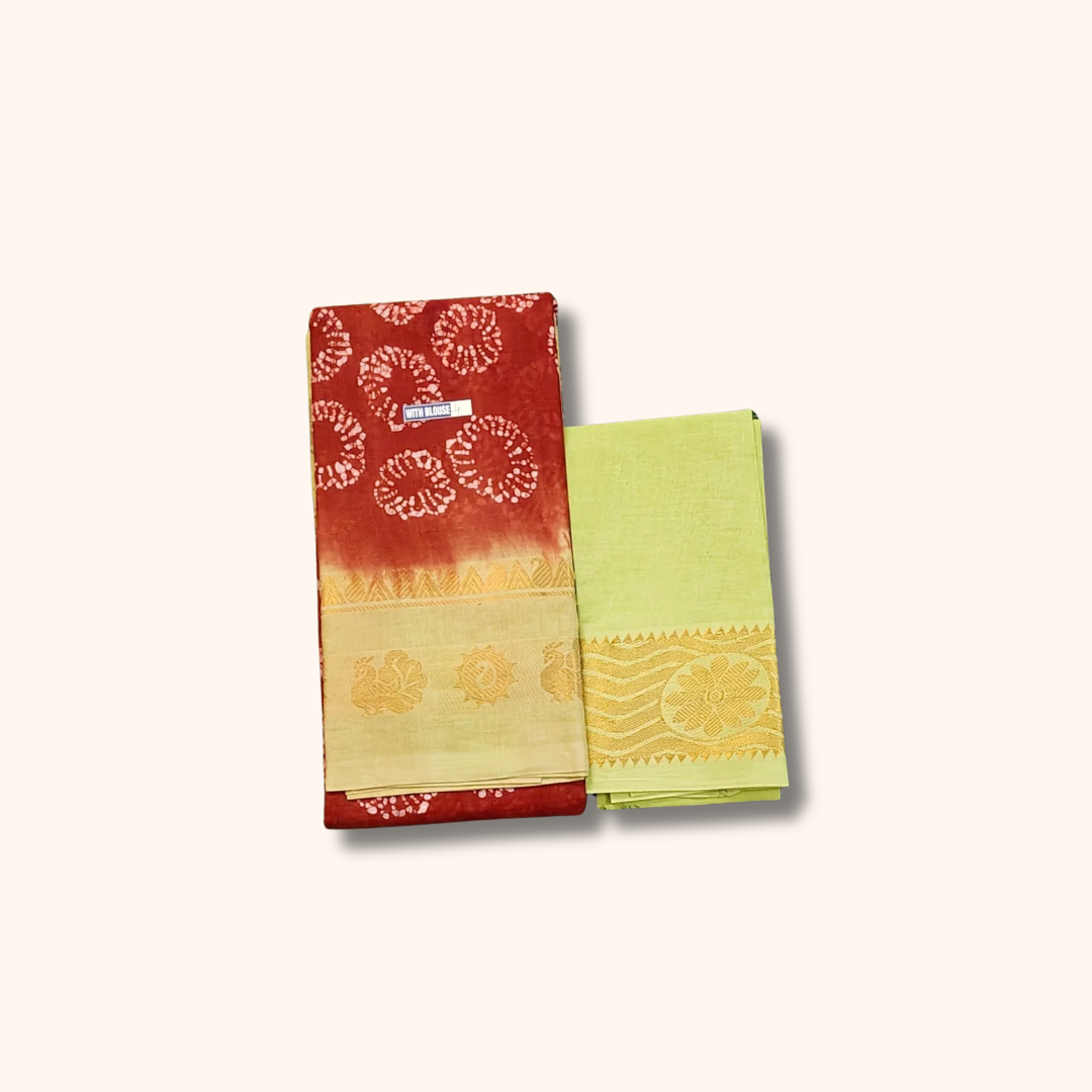 Rust Red & Pastel Green Pure Cotton Saree with Floral Zari Border – Running Blouse