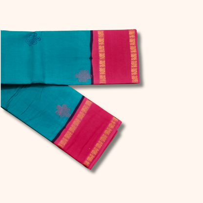 Turquoise Blue Cotton Saree with Pink Border – Running Blouse