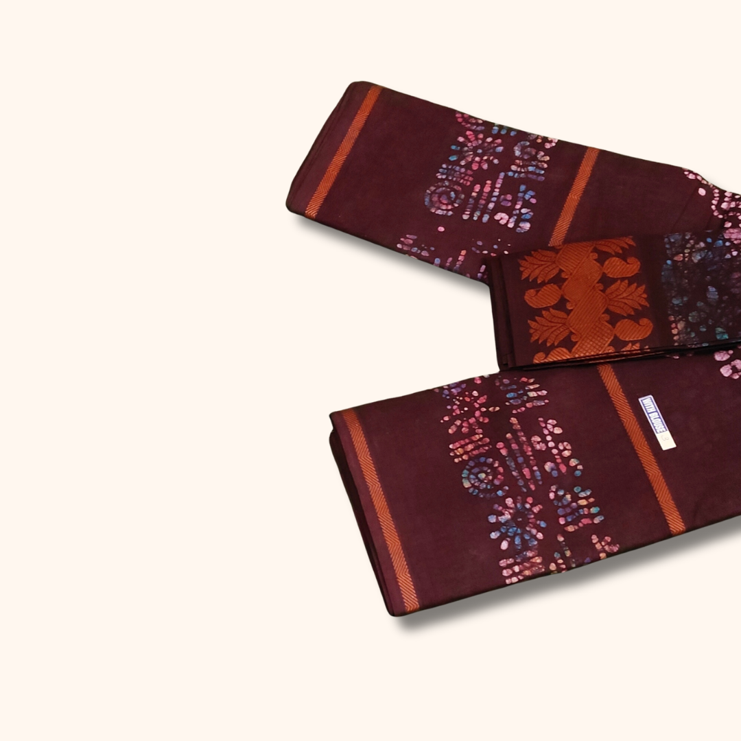 Maroon Batik Cotton Saree with Separate Blouse Piece