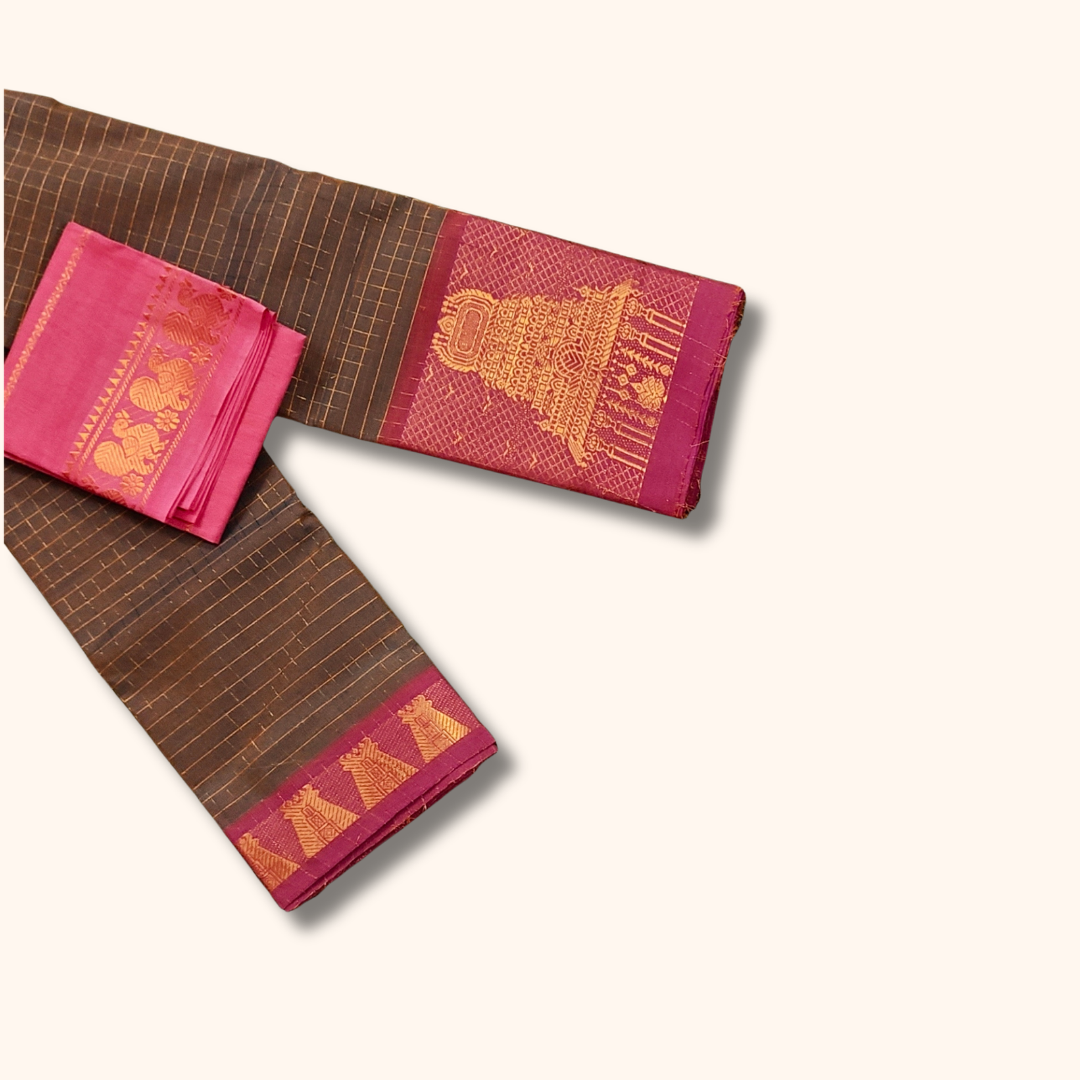 Brown Temple Border Cotton Saree with Pink Pallu Separate Blouse Piece