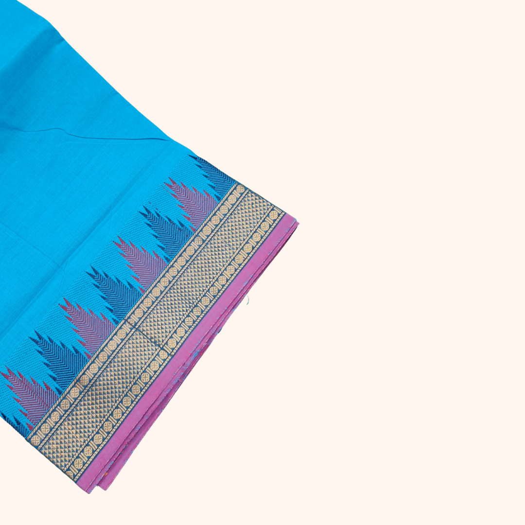Bright Blue Chettinad Cotton Saree with Contrast Temple Border