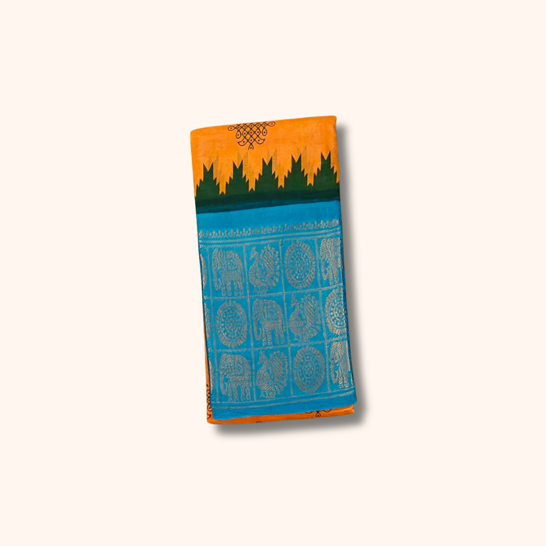 Mustard Yellow Kolam Cotton Saree with Sky Blue Elephant Zari Border