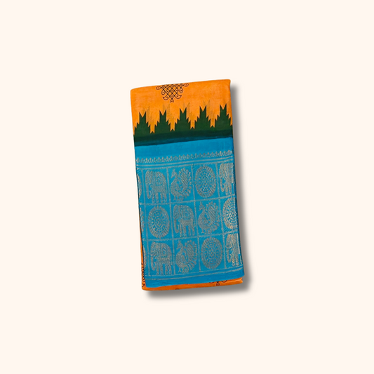 Mustard Yellow Kolam Cotton Saree with Sky Blue Elephant Zari Border