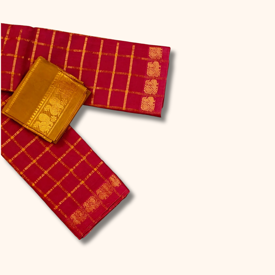 Rani Pink Chettinad Cotton Saree with Mustard Contrast Blouse