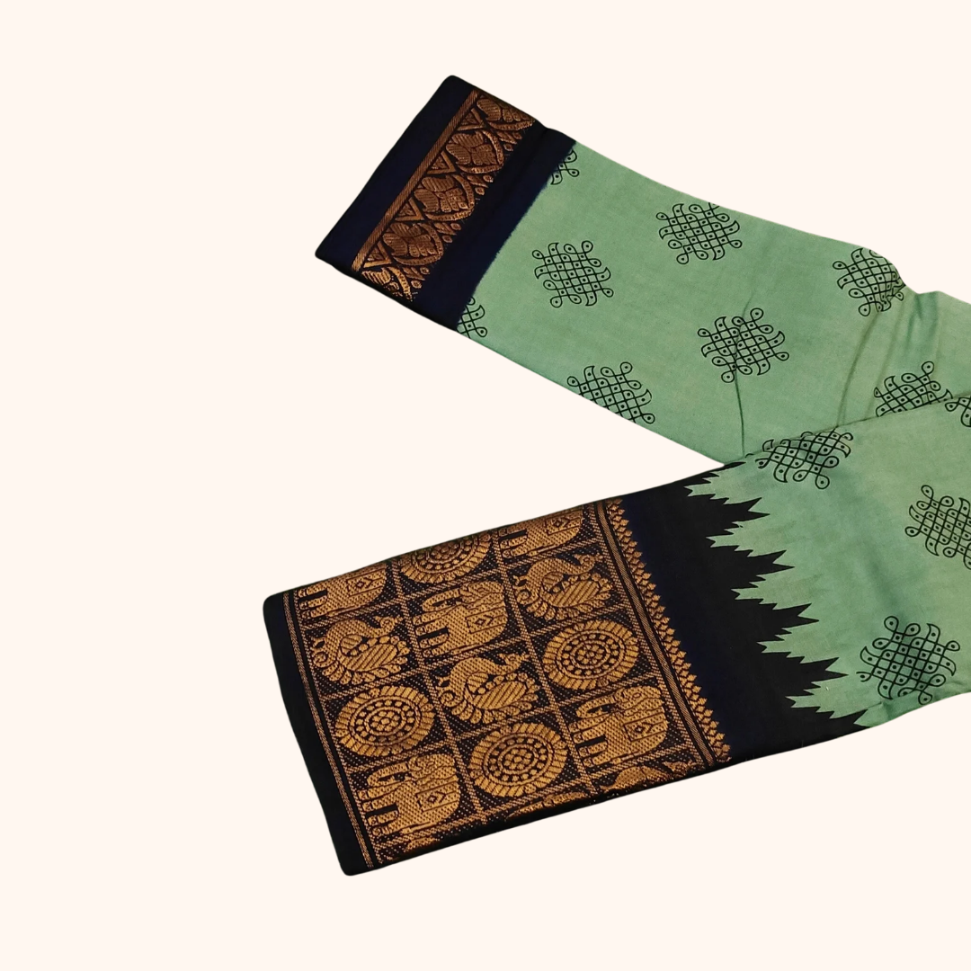 Mint Green Kolam Sungudi Cotton Saree with Black Elephant Heritage Border