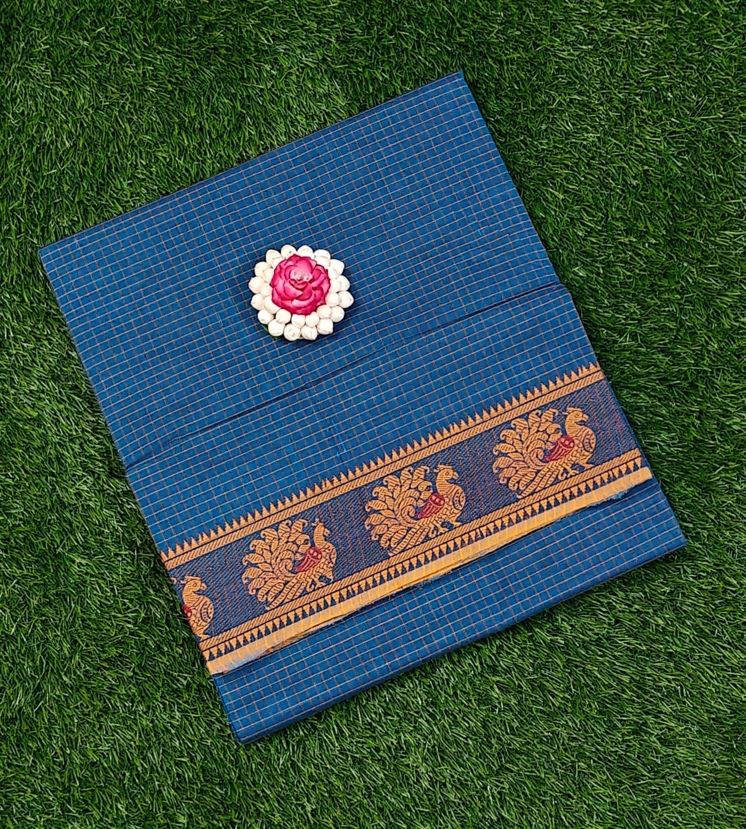 Deep Blue Chettinad Cotton Saree with Classic Temple Border