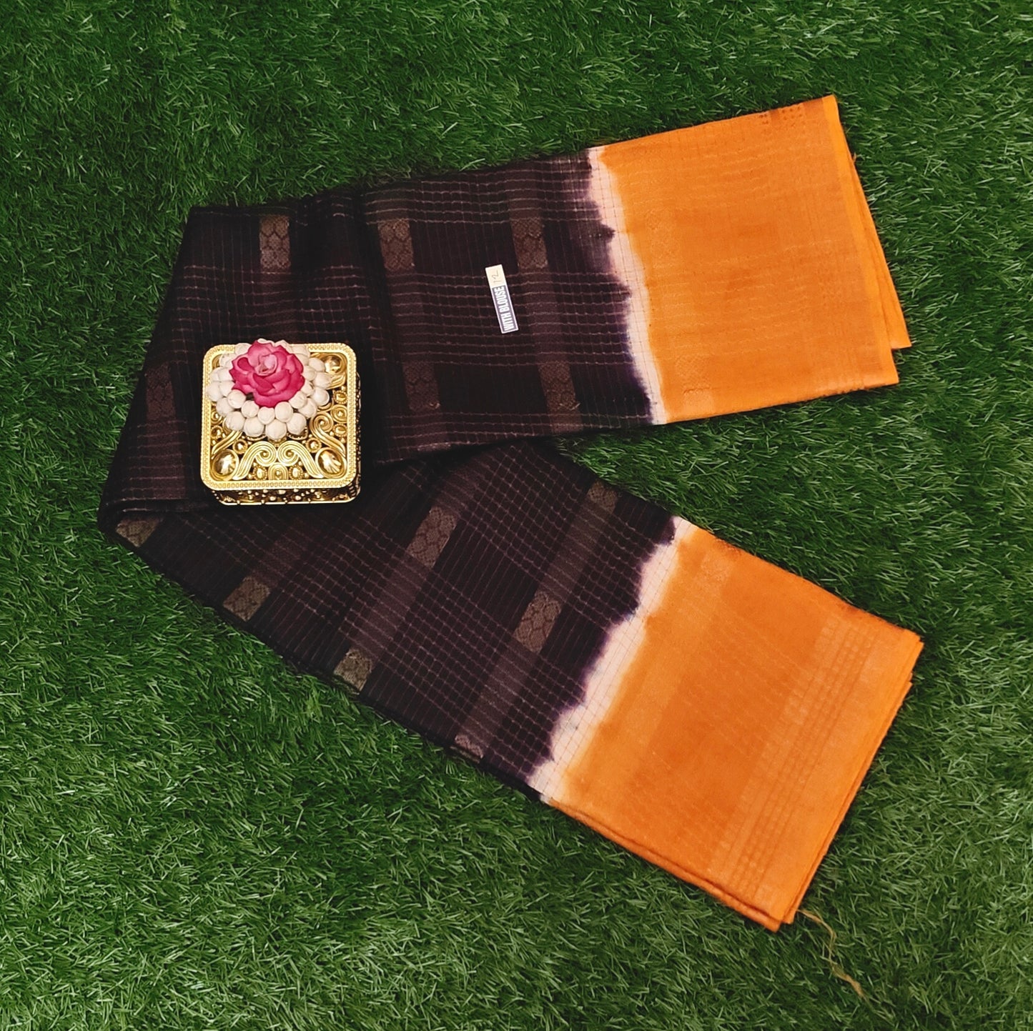 Dark Brown & Mustard Thread Work Cotton Saree with Contrast Border