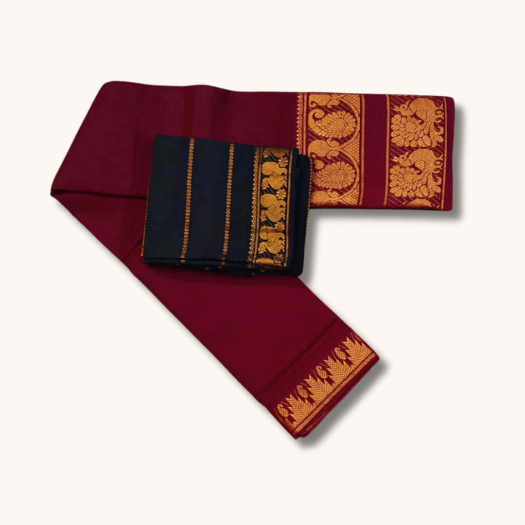 Authentic Sungudi Cotton Saree in Maroon with Rich Peacock Border