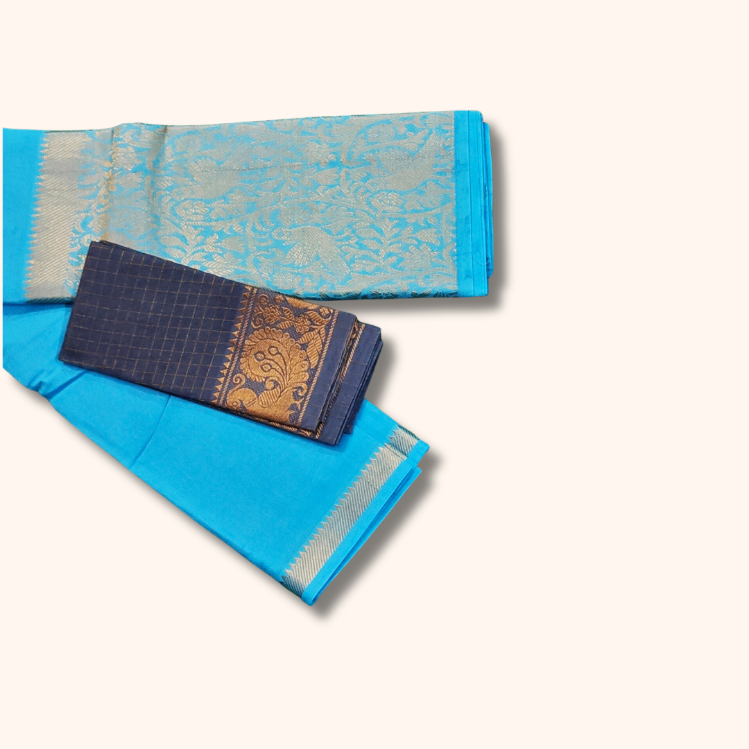Sky Blue Vasigara Pattern Sungudi Cotton Saree with Blue Separate Blouse Piece