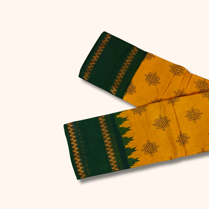 Mustard Yellow Sungudi Cotton Saree with Dark Green Zigzag Border – Running Blouse