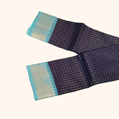 Dark ink Blue Chettinad Cotton Saree with Aqua Blue Floral Border