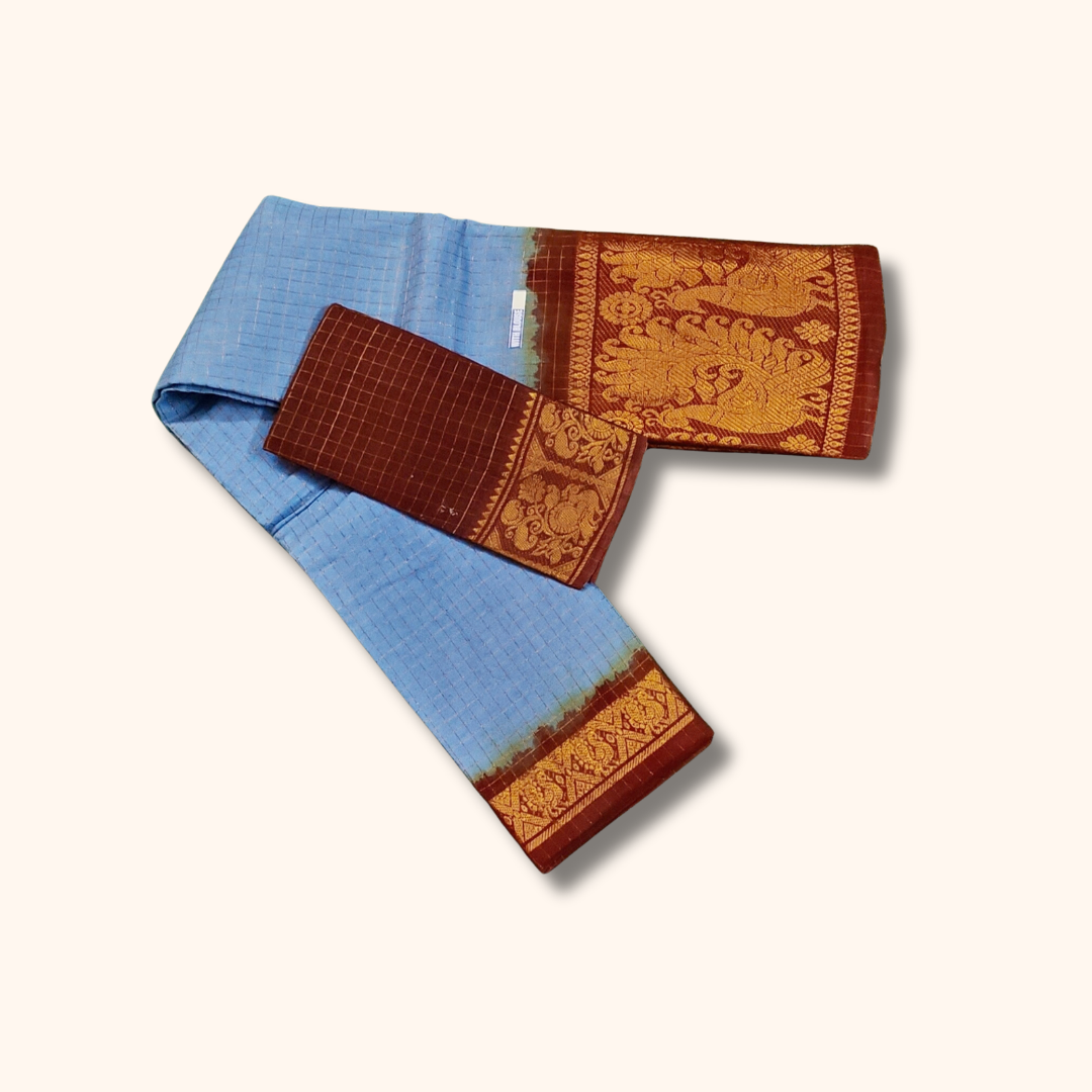 Light Blue & Maroon Pure Sungudi Cotton Saree with Traditional Zari Border