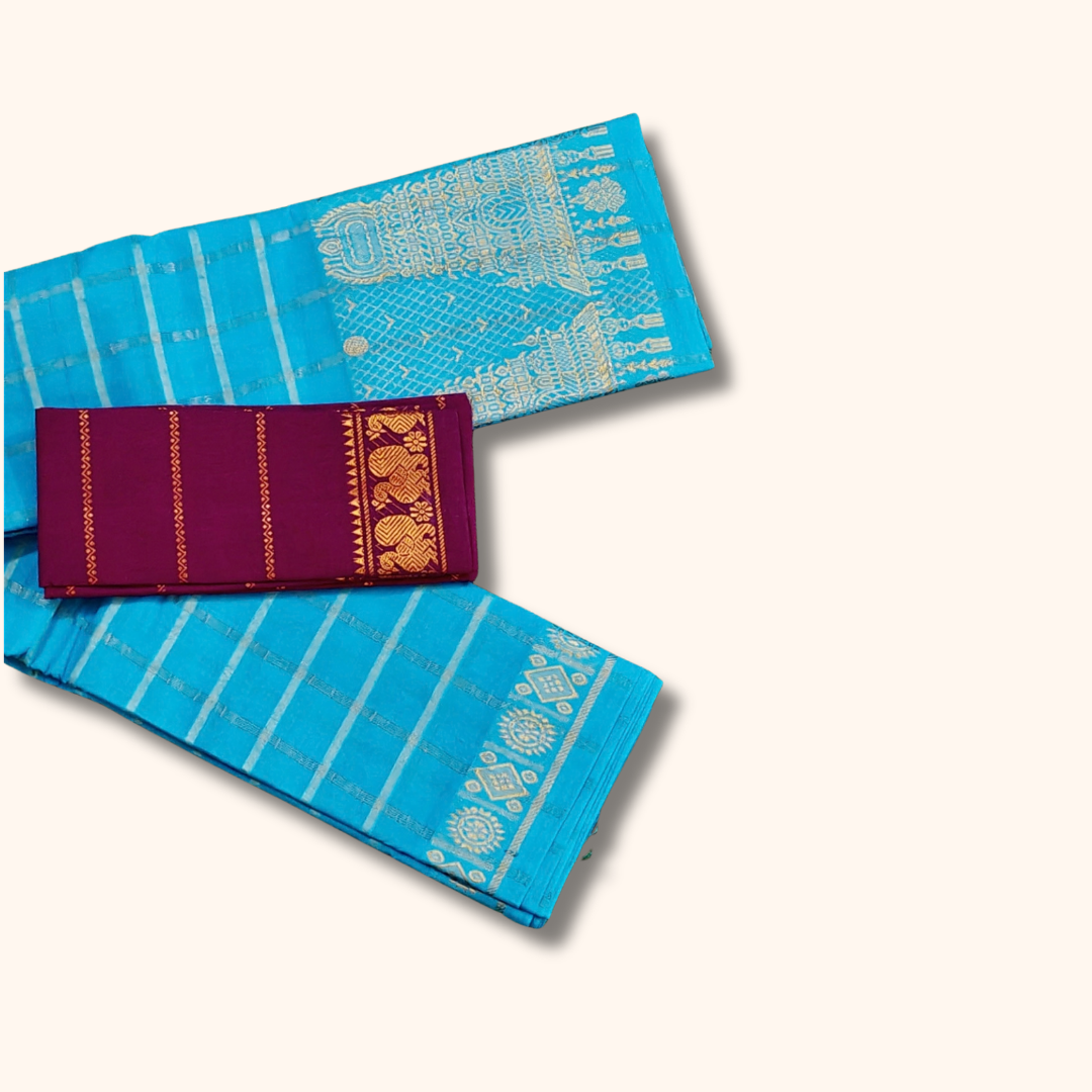Turquoise Blue Checked Cotton Saree with Gold Zari & Purple Blouse