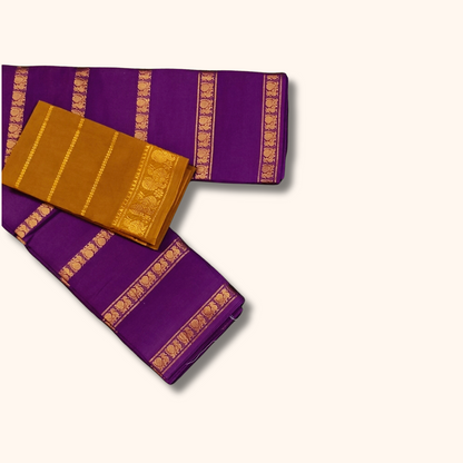 Royal Purple Cotton Saree with Gold Zari Border & Mustard Yellow Separate Blouse