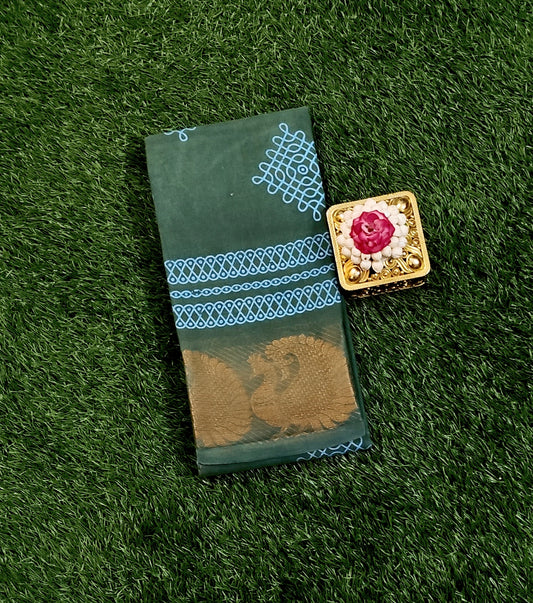 Bottle Green Sungudi Cotton Saree with Blue Kolam Motifs & Peacock Zari Border