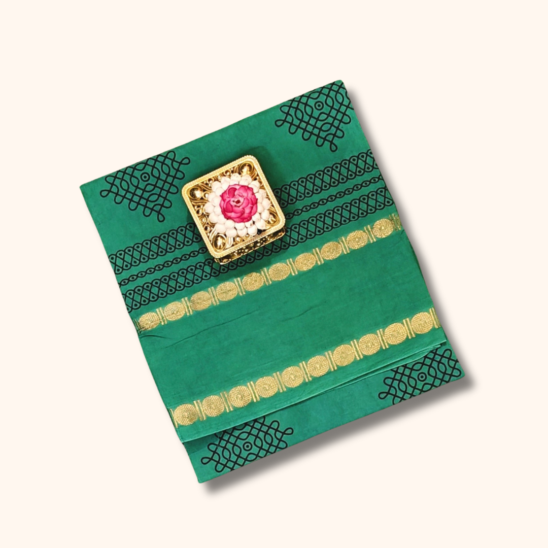 Emerald Green Kolam Design Sungudi Cotton Saree with Traditional Zari Border