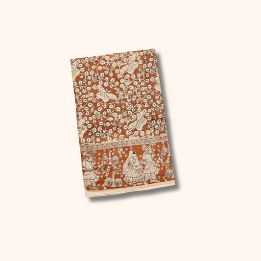 Rust Orange Kalamkari Cotton Saree with Traditional Floral & Village Motif