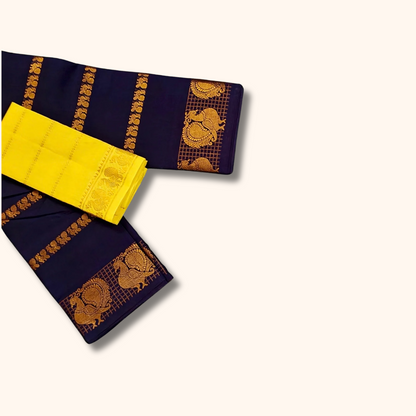 Navy Blue Cotton Saree with Golden Peacock Border & Yellow Blouse Piece