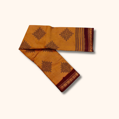 Brown Kolam Design Running Blouse Saree with Maroon Border