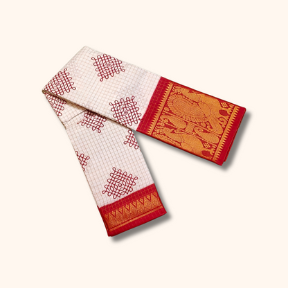 White Checked Kolam Design Cotton Saree with Red Zari Border