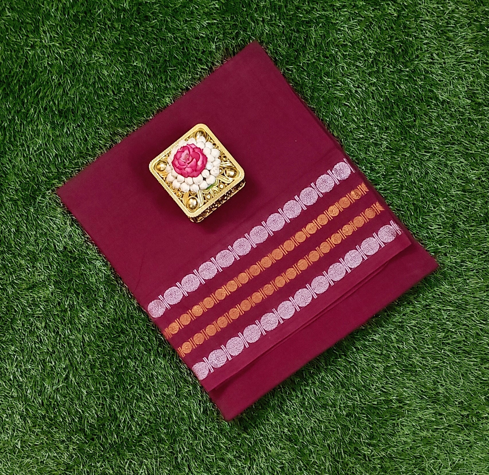 Maroon Sungudi Cotton Saree with Silver & Gold Striped Border