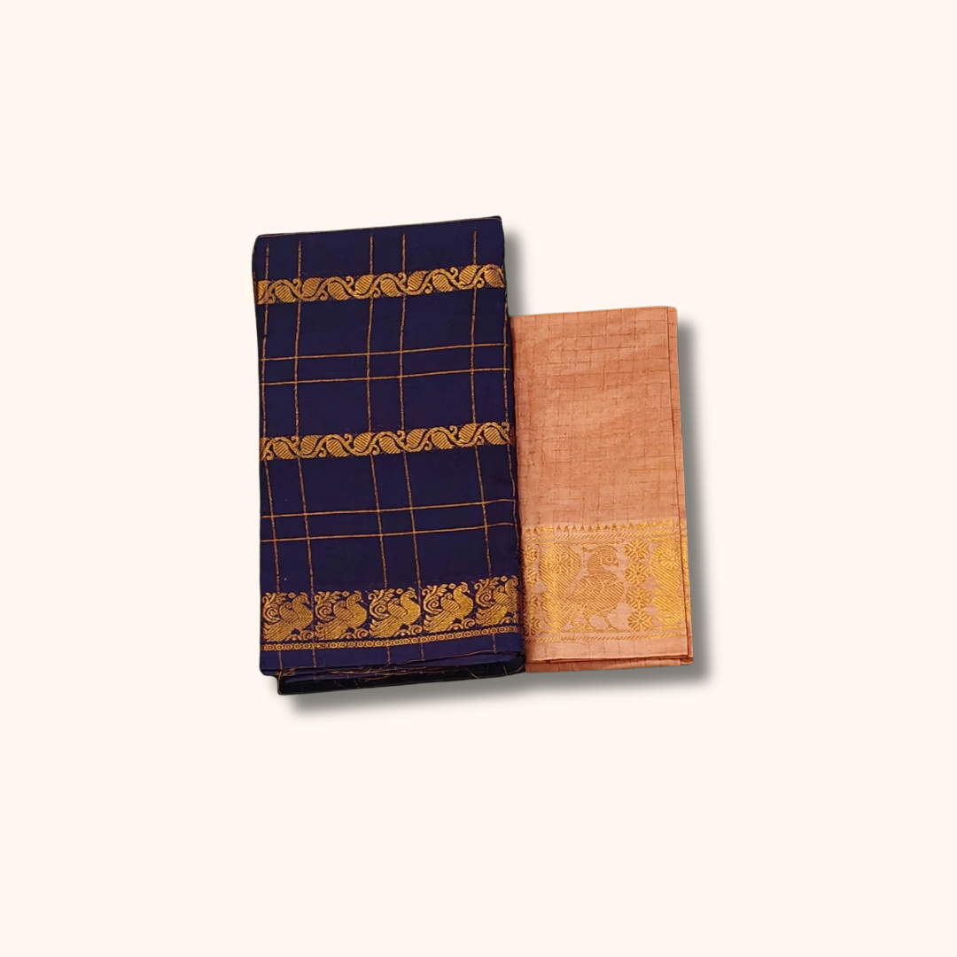 Navy Blue Pure Sungudi Cotton Saree with Gold Zari Checks & Peacock Border