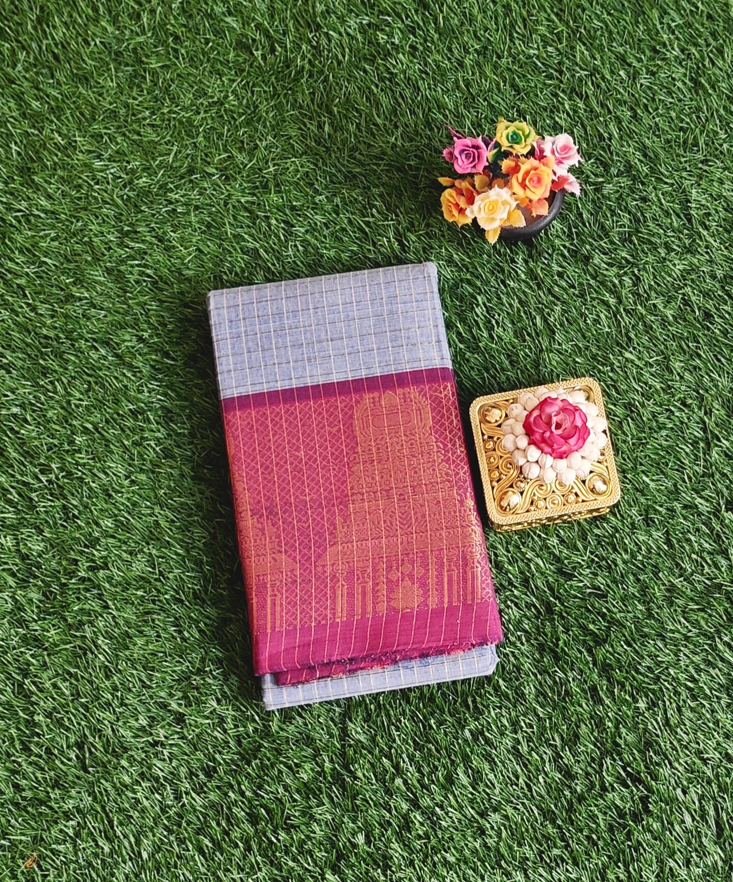 Chettinad Cotton Saree with Meenakshi Gopuram Border – Light Blue Checks with Pink Temple Border