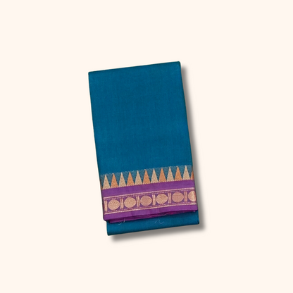 Peacock Blue Chettinad Cotton Saree with Violet Temple Border