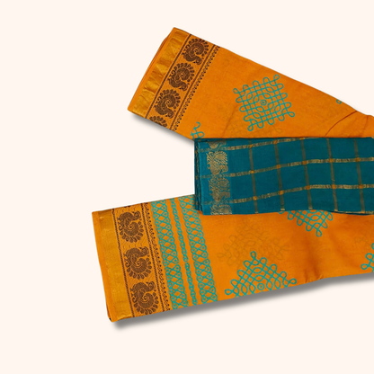 Mustard Yellow Kolam Design Cotton Saree with Teal Blue Blouse Piece