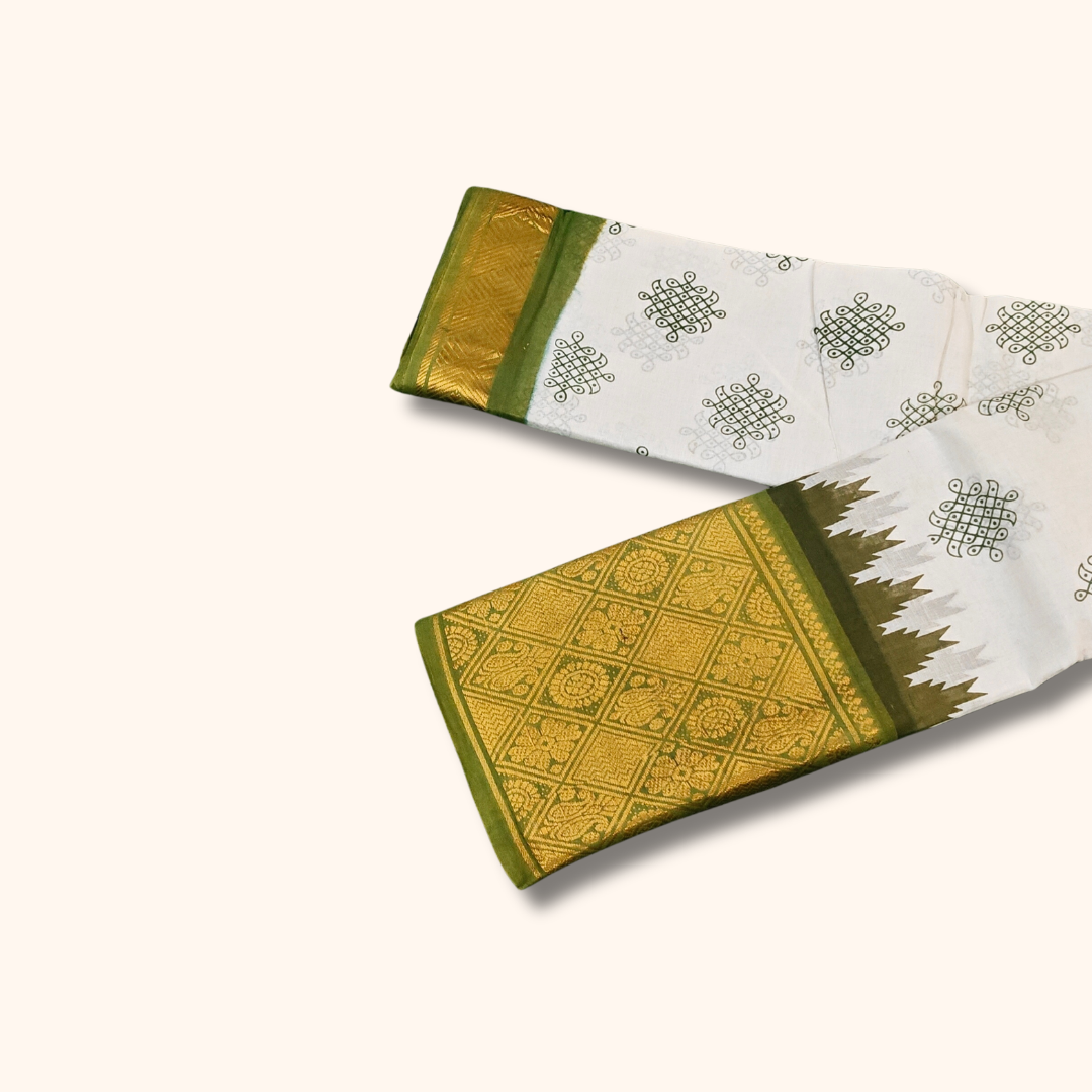 White & Olive Green Traditional Sungudi Cotton Saree with Designer Green Zari Border