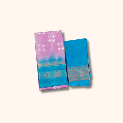 Lavender & Sky Blue Batik Sungudi Cotton Saree with Silver Zari Border