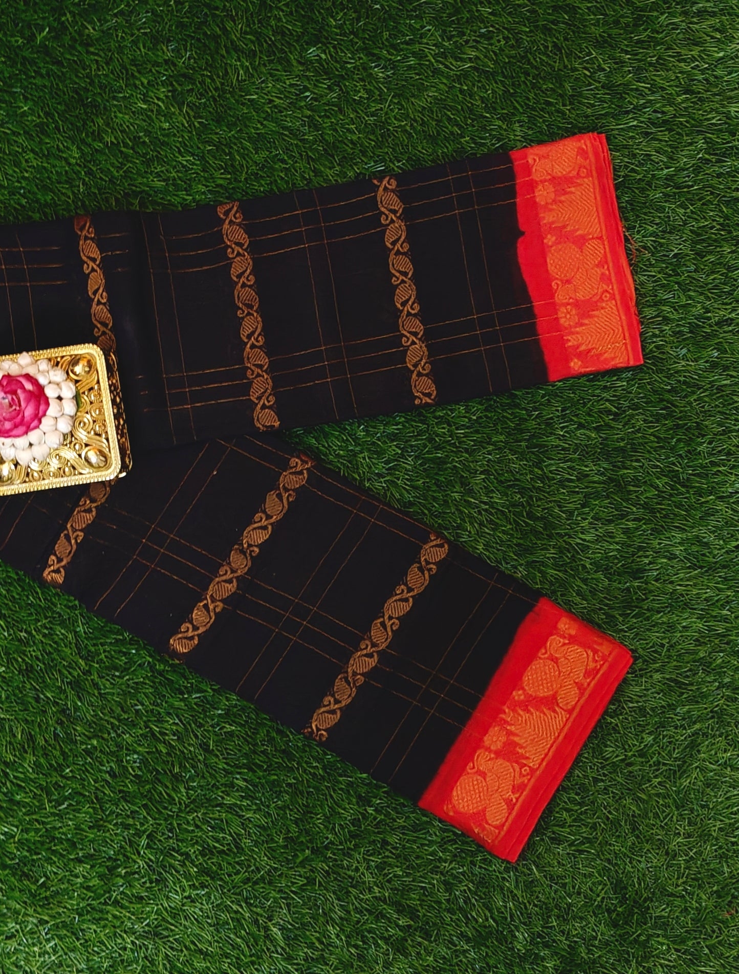 Black & Red Traditional Check Motif Cotton Saree