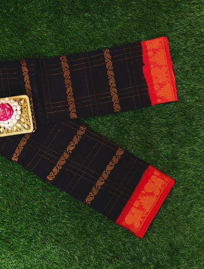 Black & Red Traditional Check Motif Cotton Saree