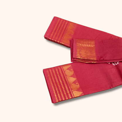 Ruby Pink Sungudi Cotton Saree with Gold Zari Border & Matching Blouse Piece