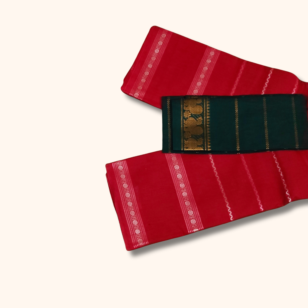 Bright Red Cotton Saree with Bottle Green Separate Blouse Piece