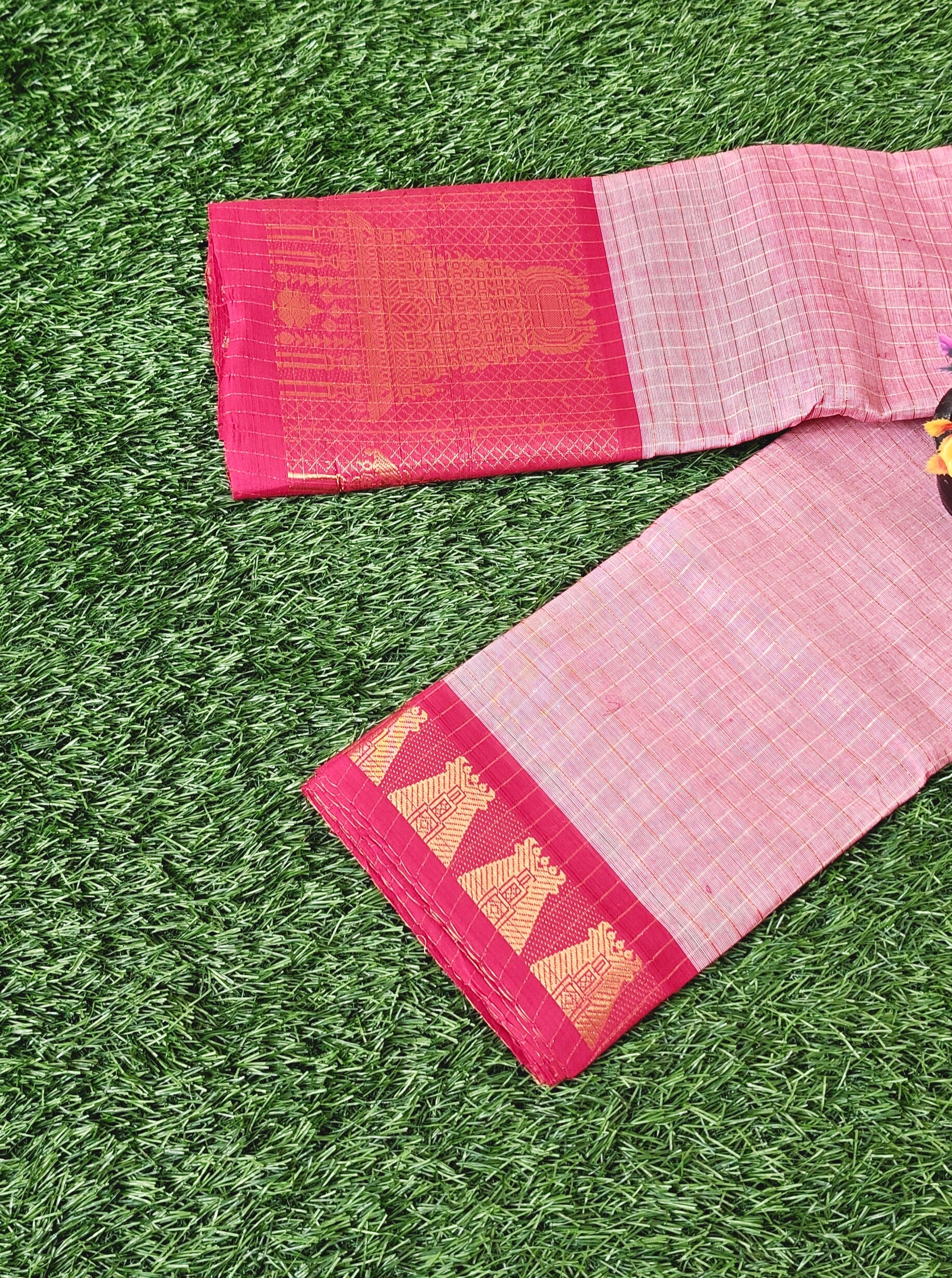 Chettinad Cotton Saree with Meenakshi Gopuram Border – Baby Pink with Red Temple Border