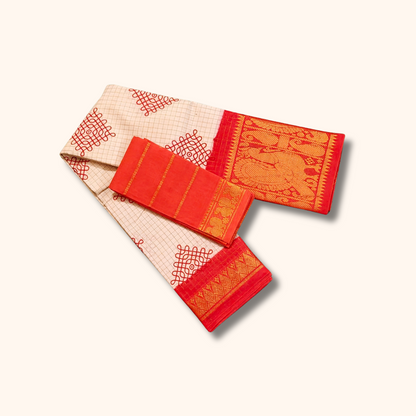 Off-White Checked Kolam Design Saree with Separate Blouse Piece
