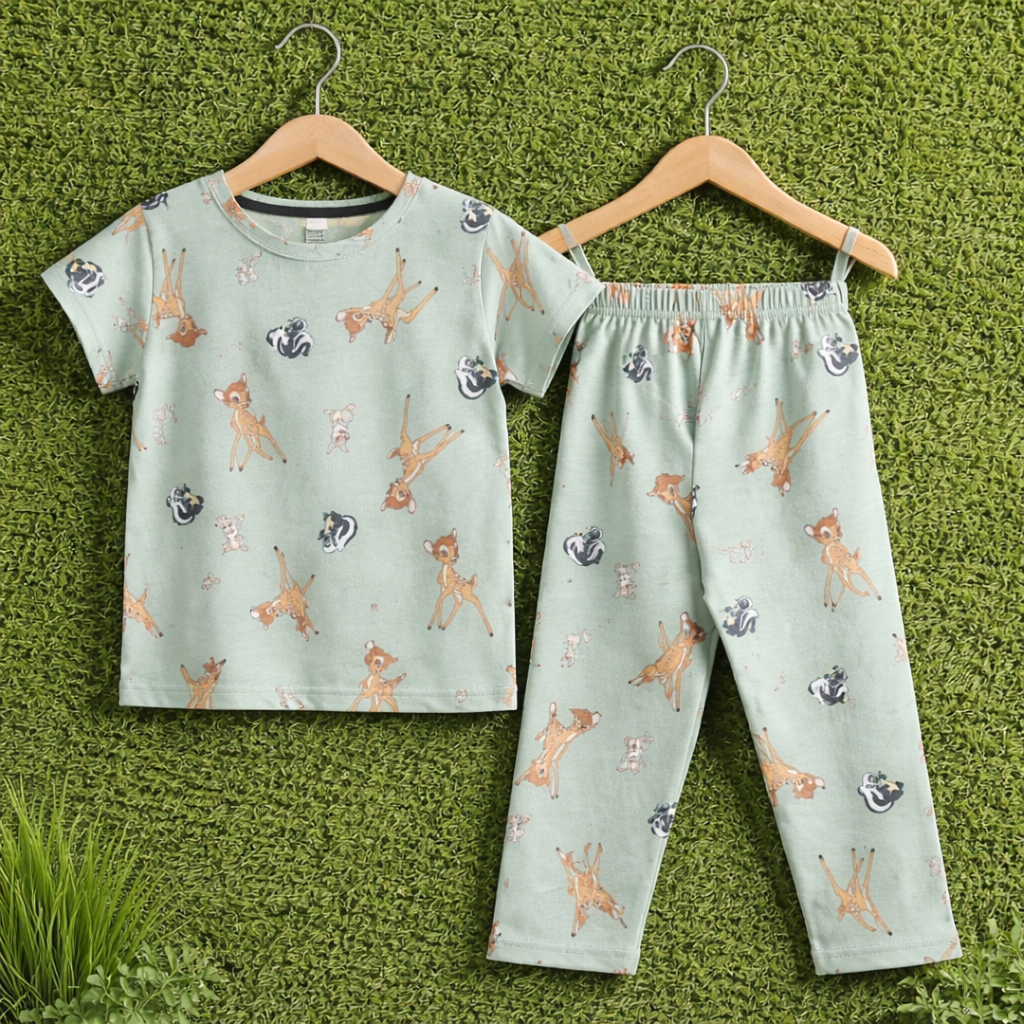 Kids Unisex Pure Cotton T-Shirt & Pant Set – Cute Deer Print Comfort Wear (Mint Green)