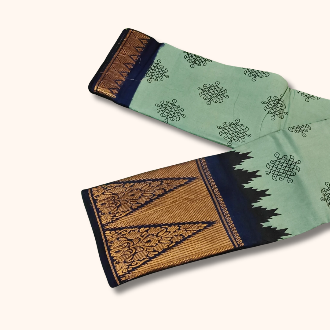 Mint Green Kolam Sungudi Cotton Saree with Black Floral Temple Border