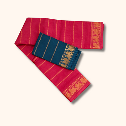 Red Sungudi Cotton Saree with Peacock green Contrast Blouse