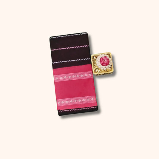 Dark Maroon Sungudi Cotton Saree with Silver Line Design & Pink Contrast Border