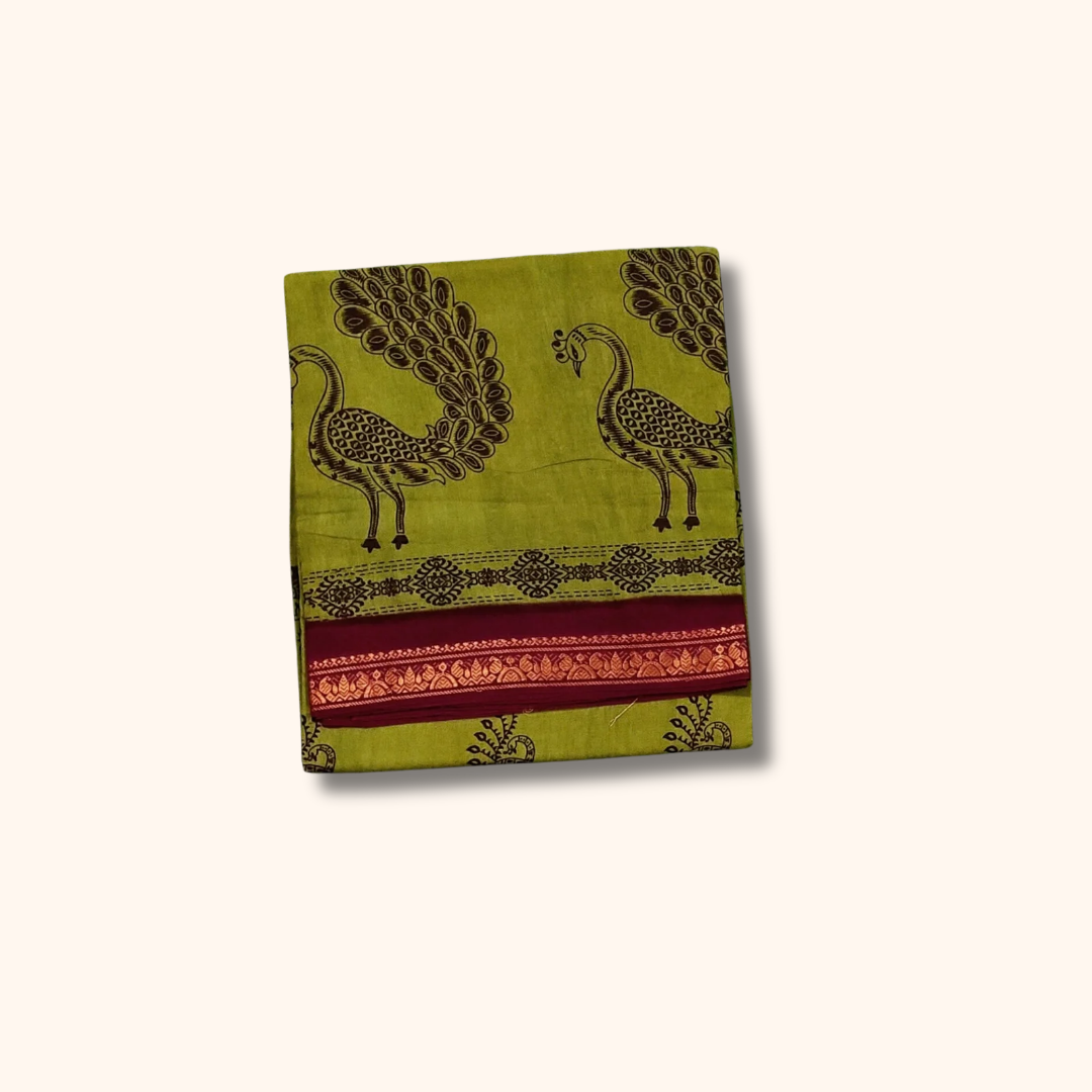 Olive Green Sungudi Cotton Saree with Peacock Motifs & Maroon Traditional Border – Without Blouse