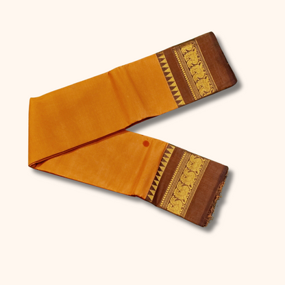 Mustard Orange Pure Chettinad Cotton Saree with Brown & Gold Peacock Border