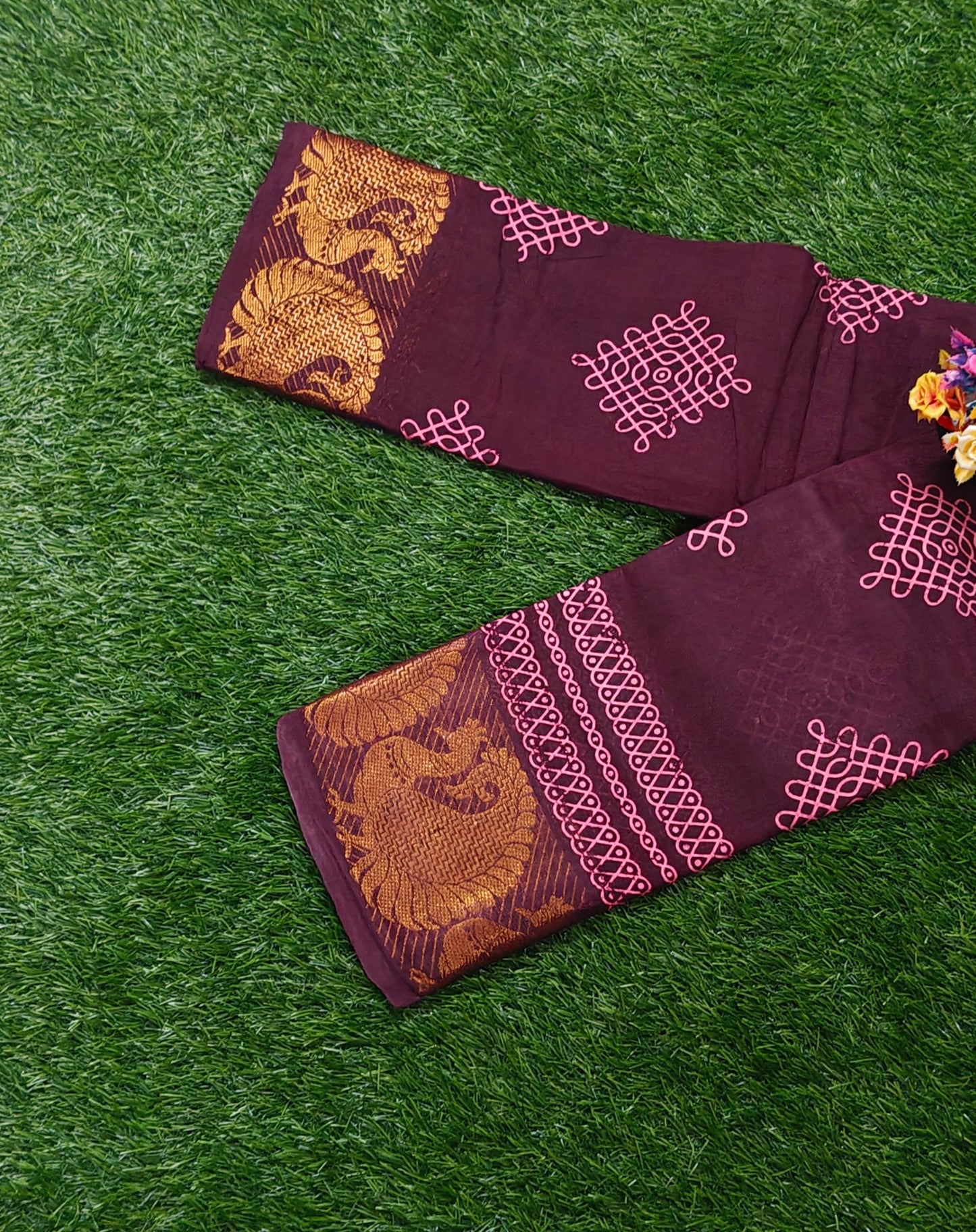 Dark Maroon Cotton Saree with Pink Thread Kolam Design & Peacock Border